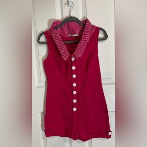 Vintage Twice Sleeveless Button-down Romper with Striped Collar in Hot Pink
